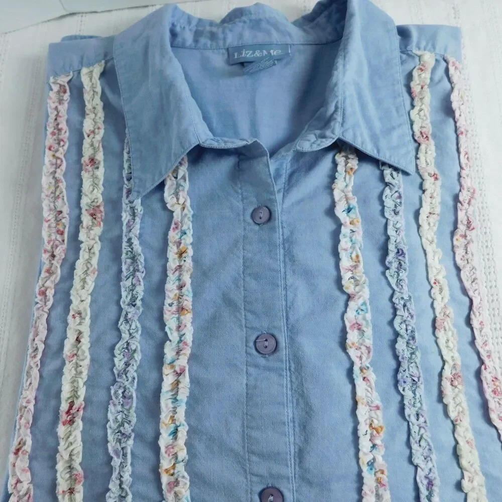Liz & Me Blouse Shirt Button Up Blue Cotton Embellished Short Sleeve 3XL 26/28 ! - Picture 10 of 12